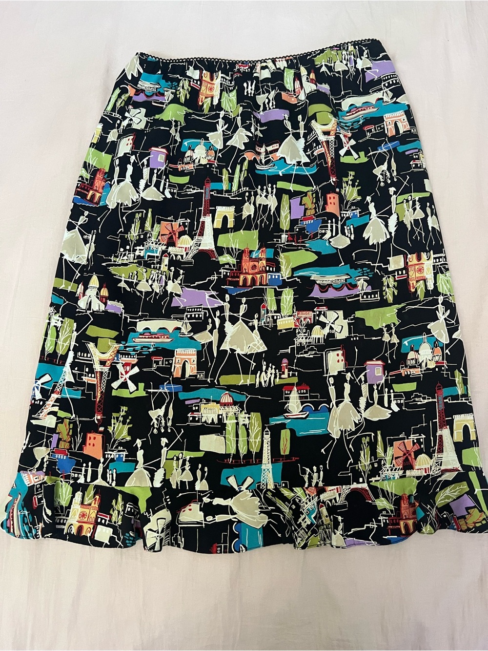 Vintage Y2K Black A-Line Skirt with Multicolor Scenic Print